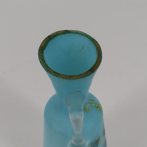 Antique Blue Satin Glass Gold Flower Floral Cruet Dressing Pitcher 6.9in Country - Picture 10 of 13